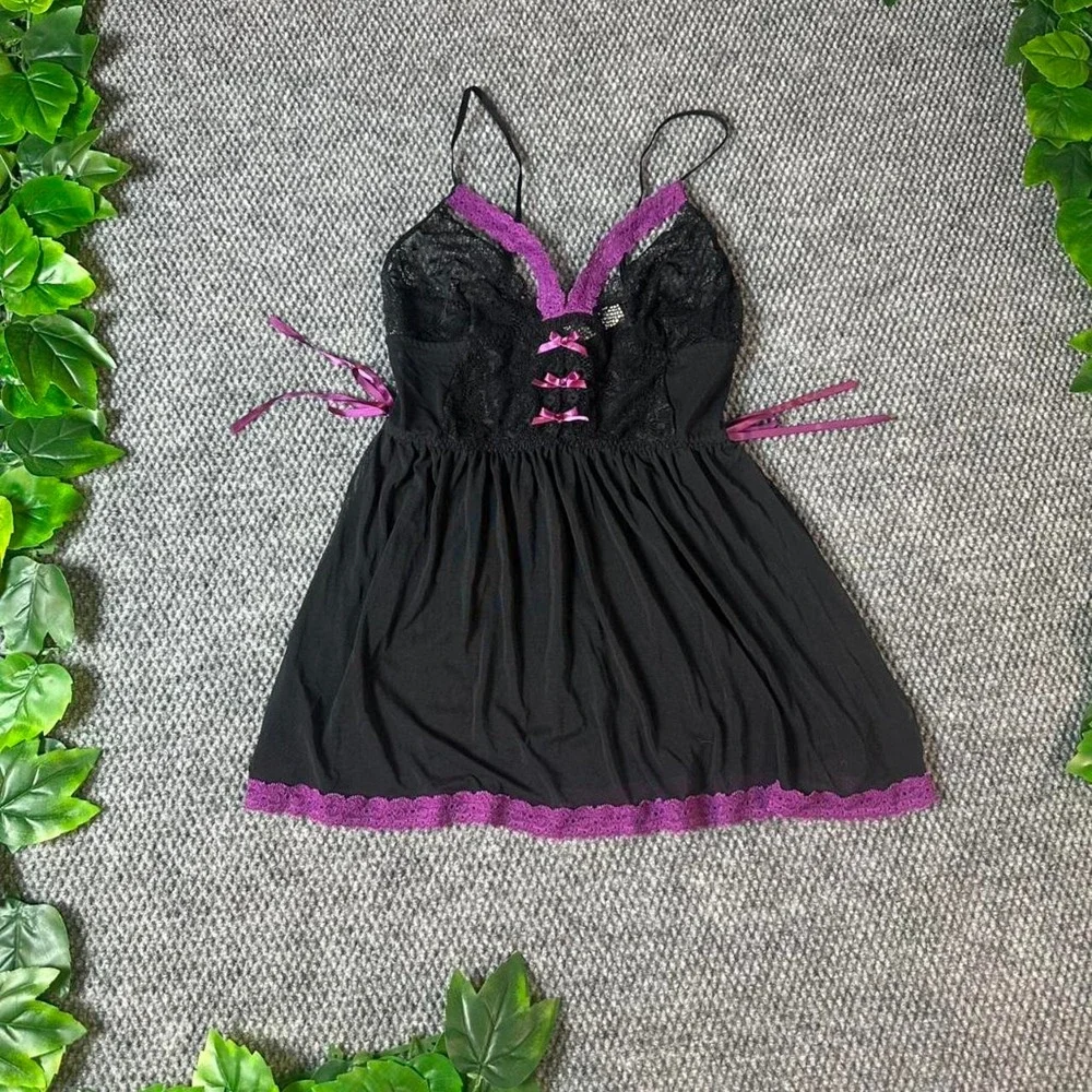 adore Me Lace Mesh Babydoll Lingerie Chemise Nightgown Black Purple